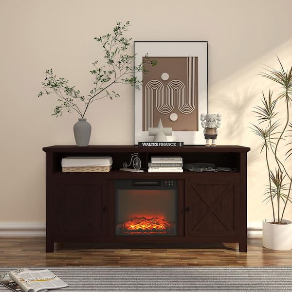 58 in. Freestanding MDF Electric Fireplace TV Stand with Shelves in Brown