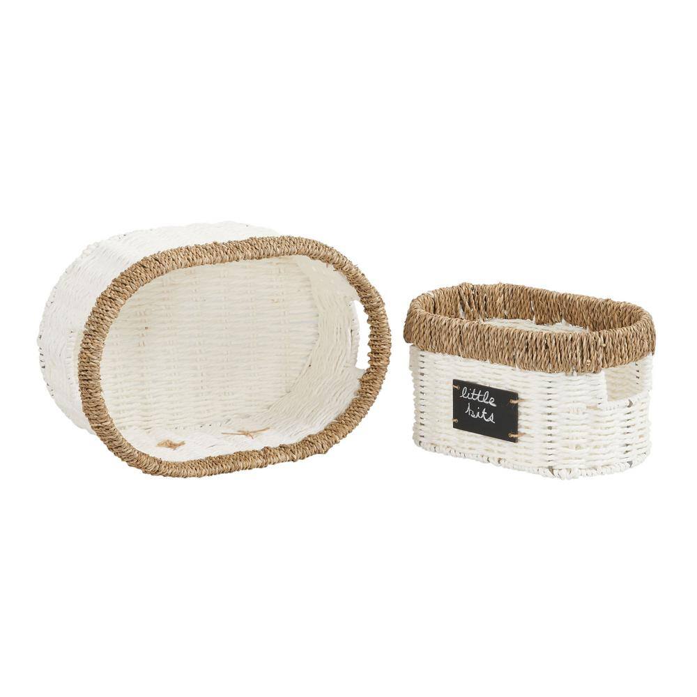 White Oval Seagrass and Paper Rope Storage Baskets, Set of 2