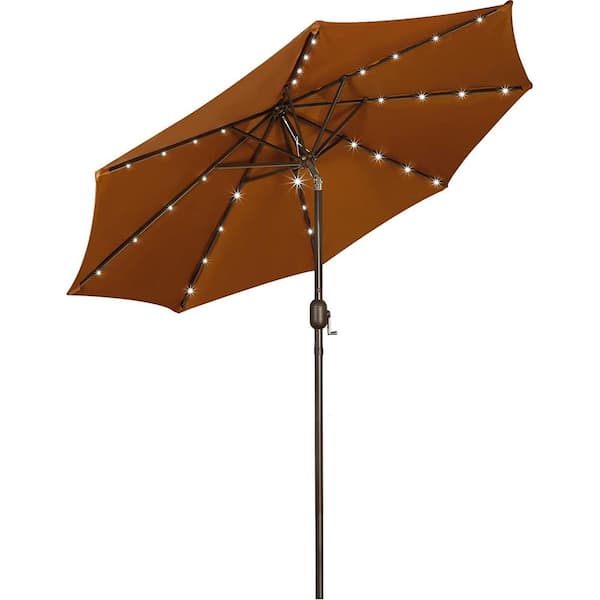 Cubilan 9 ft Solar Umbrella 32 LED Lighted Patio Umbrella Table Market Umbrella with Tilt and Crank Outdoor Umbrella, Brown