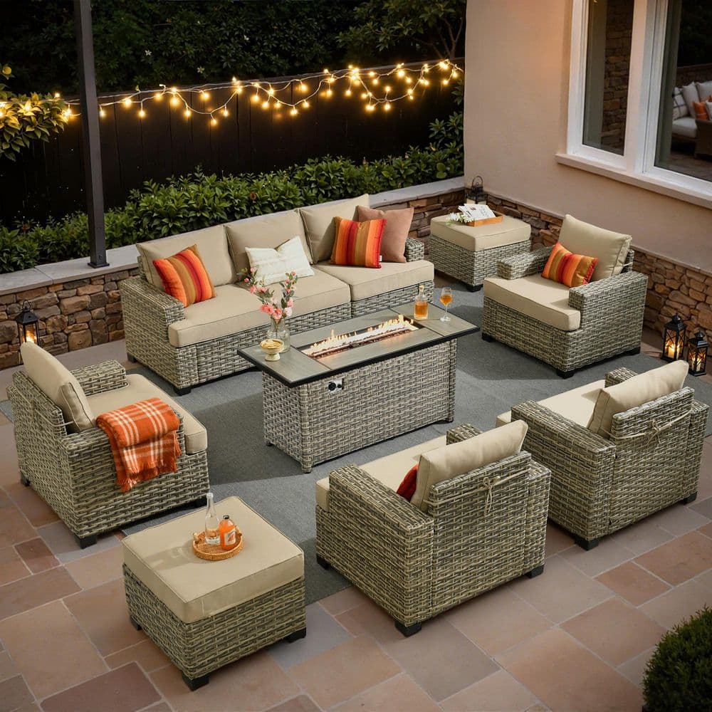 Hilarious 10 Pieces Wicker Outdoor Patio 54. in Rectangular Fire Pit Set with Beige Cushions price history on PriceWatchPro