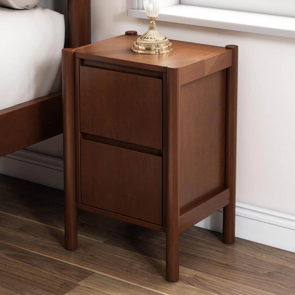 Harper & Bright Designs Mid-Century Modern Walnut 2-Drawer 14.2 in. Wide Nightstand with ...