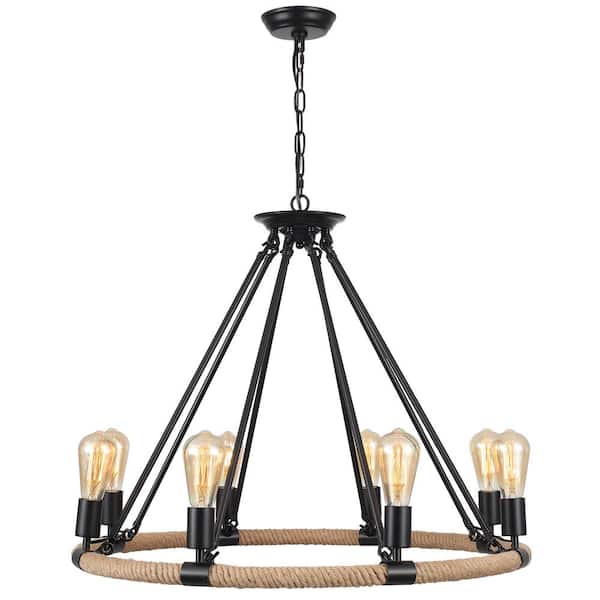 LWYTJO 8-Light Black Farmhouse Chandelier Round Wagon Wheel Light Fixture