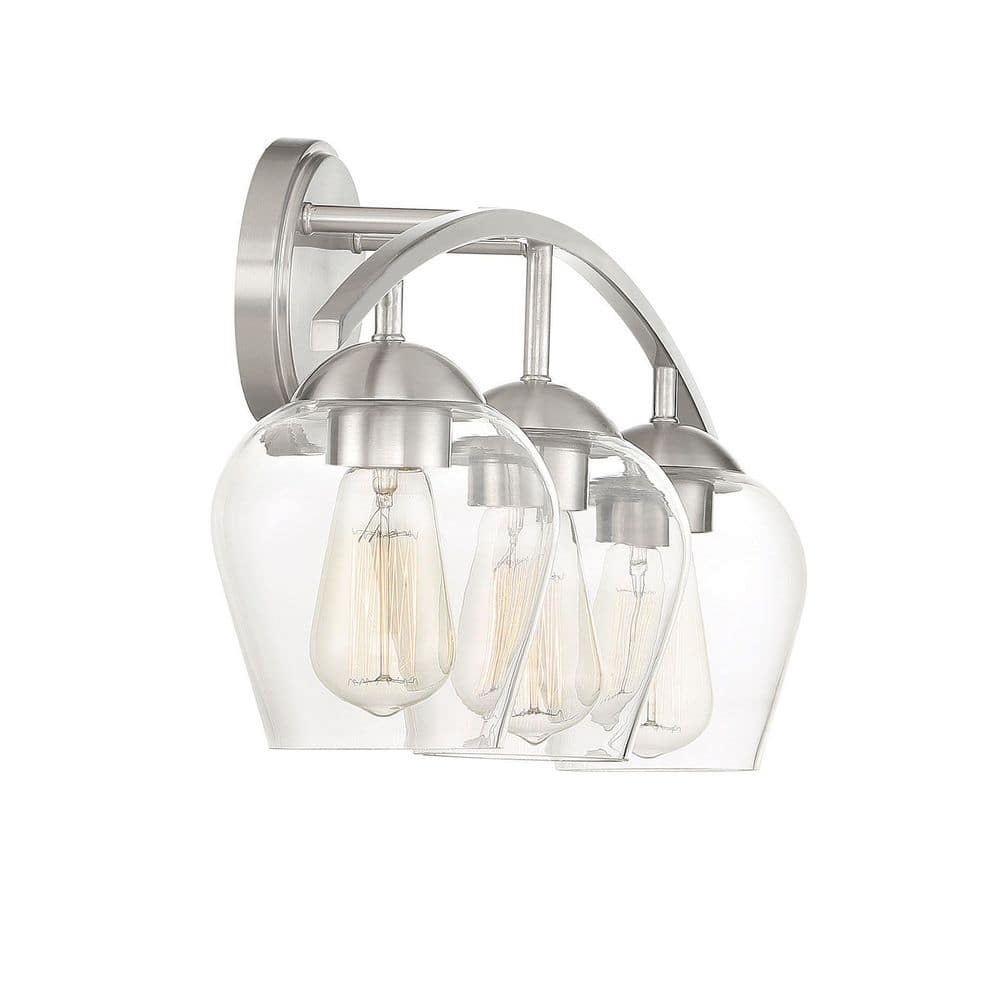 Brushed Nickel 3-Light Bathroom Vanity Fixture with Clear Glass Shades