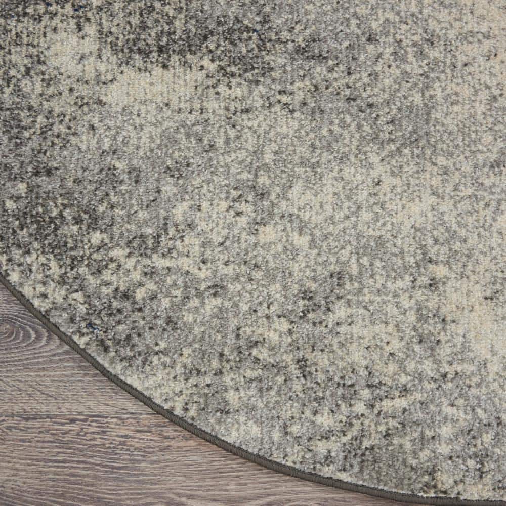 Large Round Gray and Ivory Synthetic Traditional Rug