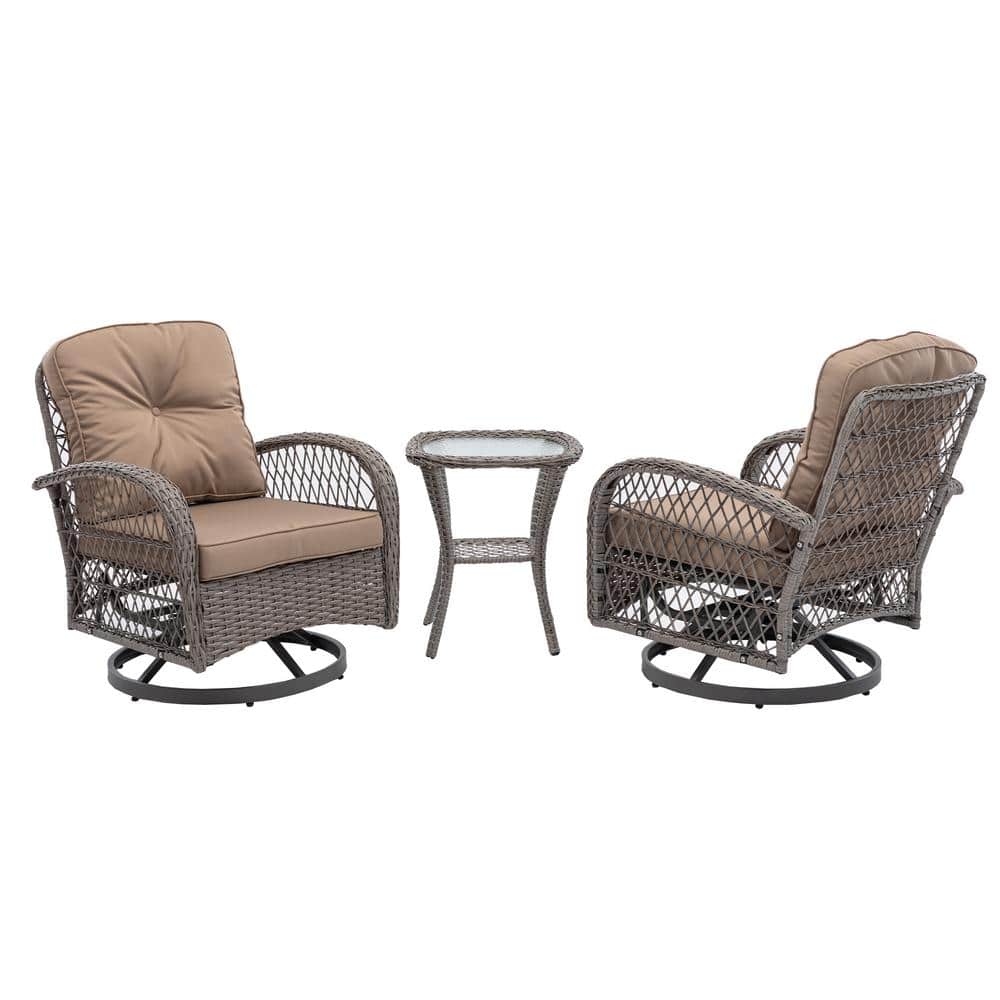 Cesicia 3Piece Wicker Patio Conversation Chair Set With Brown Cushions