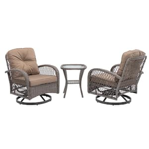 3-Piece Wicker Patio Conversation Chair Set With Brown Cushions