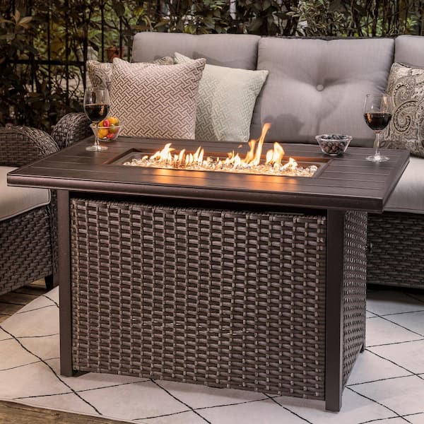 43 in, 50,000 BTU Brown Rectangle Wicker Outdoor Propane Gas Fire Pit Table  with Glass Fire Pit Wind Guard