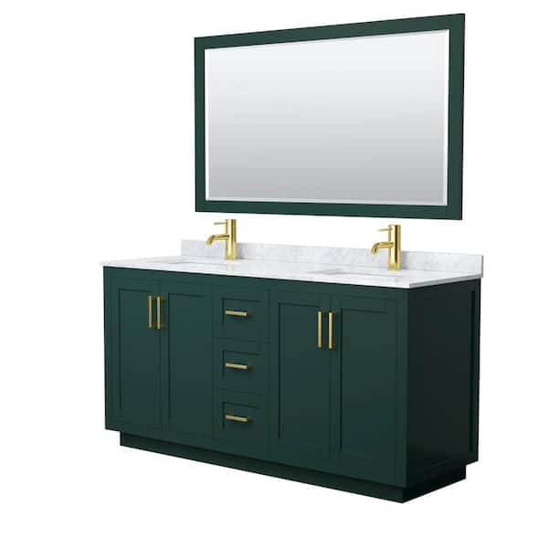 Wyndham Collection Miranda 66 in. W x 22 in. D x 33.75 in. H Double Sink Bath Vanity in Green with White Carrara Marble Top and Mirror