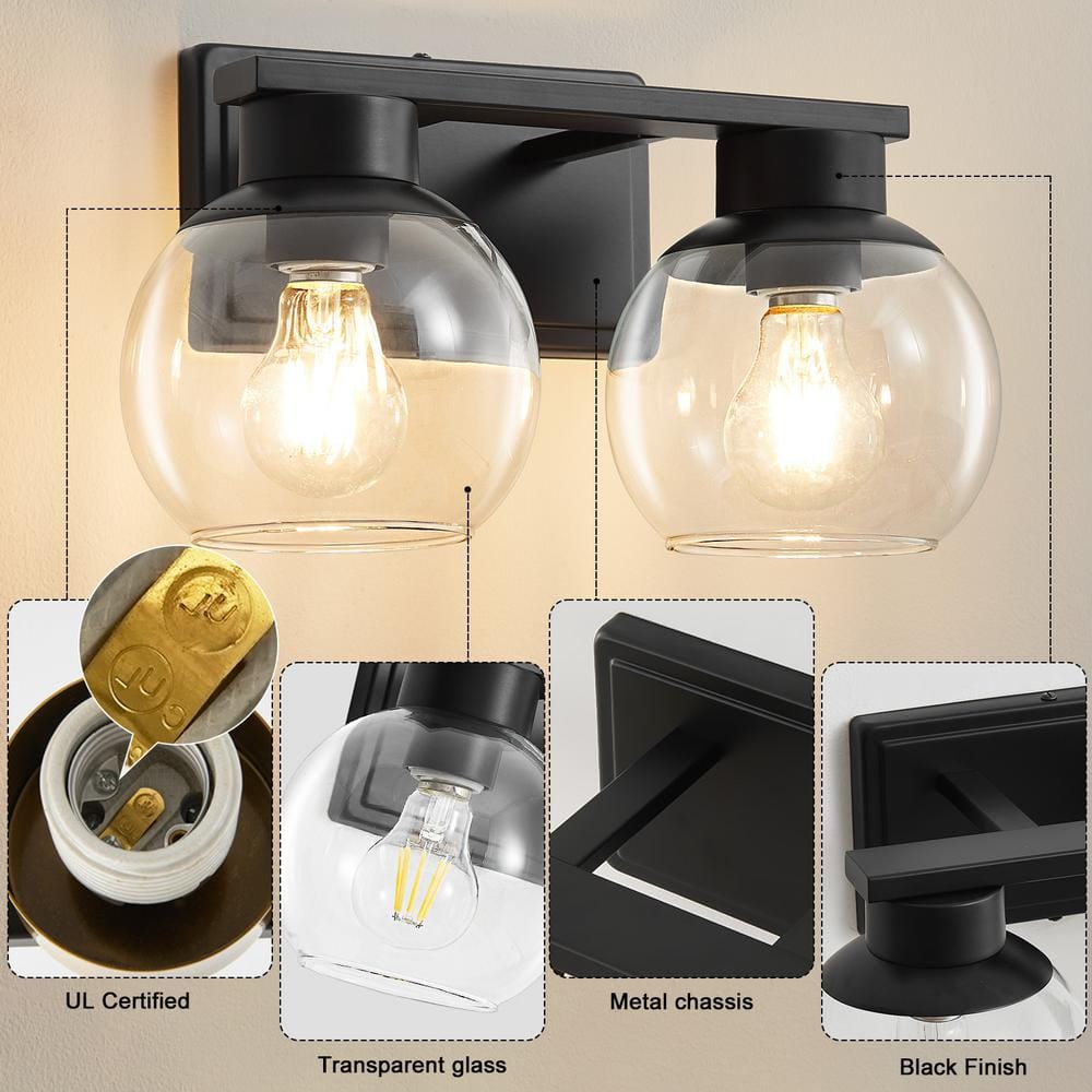 Black Metal 2-Light Bathroom Vanity Fixture with Clear Glass Shades