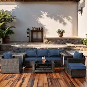 7-Piece Wicker Outdoor Patio Conversation Furniture Seating Set with Blue Cushions and Coffee Table
