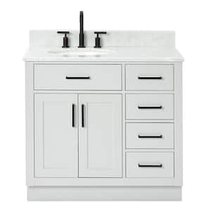 Hepburn 37 in. W x 22 in. D x 35.25 in. H Bath Vanity in Grey with White Carrara Marble Vanity Top with White Basin