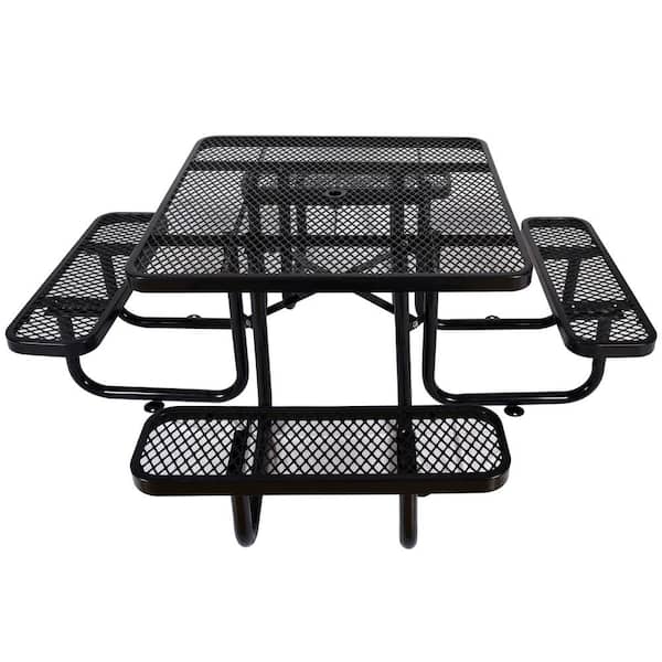 Unbranded Modern 46 in. Black Square Circular Solid Wood Picnic Table Seats 8 People with Umbrella Hole