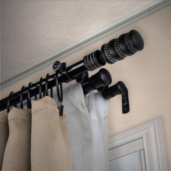 EMOH 13/16" Dia Adjustable 28" to 48" Triple Curtain Rod in Black with Lucia Finials