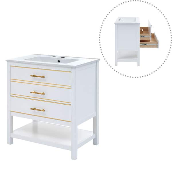 30 in. W x 18 in. D x 34 in. H Single Sink Bathroom Vanity in White with Ceramic Top (Open Storge, 2-Drawers)