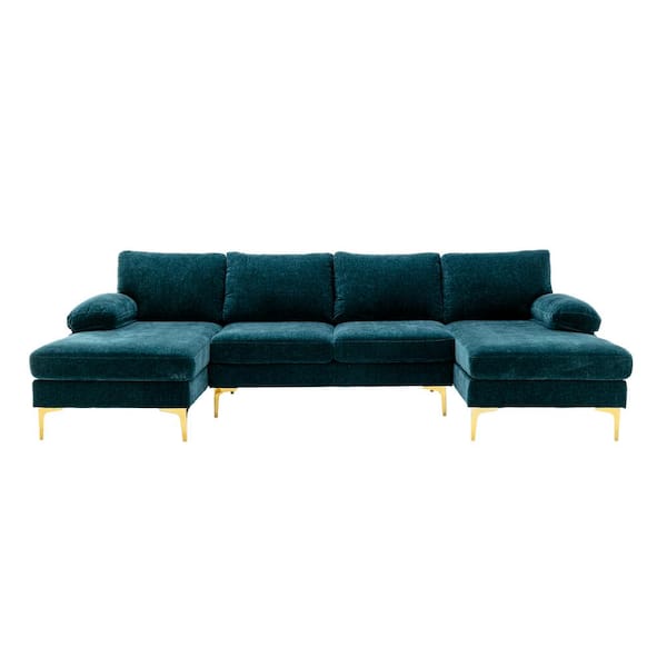 HOMEFUN 110 in. Square Arm 3-Piece Velvet U-Shaped Sectional Sofa in Teal with Chaise