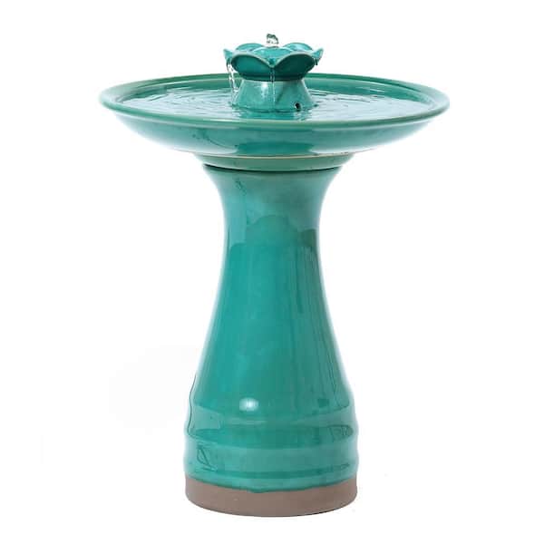 LuxenHome Aqua Glazed Ceramic 22-In Tall Birdbath Fountain