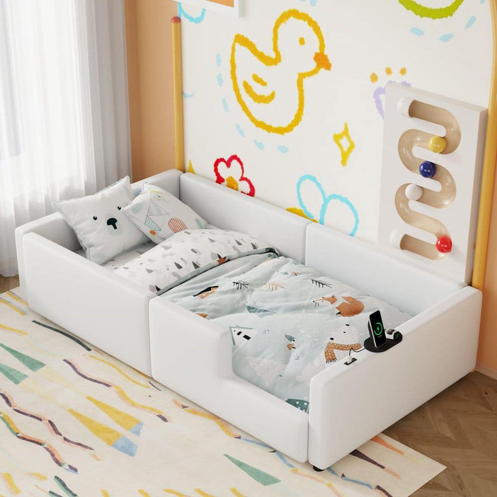 White Wood Frame Twin Size Platform Bed with Guardrail and Charging Station