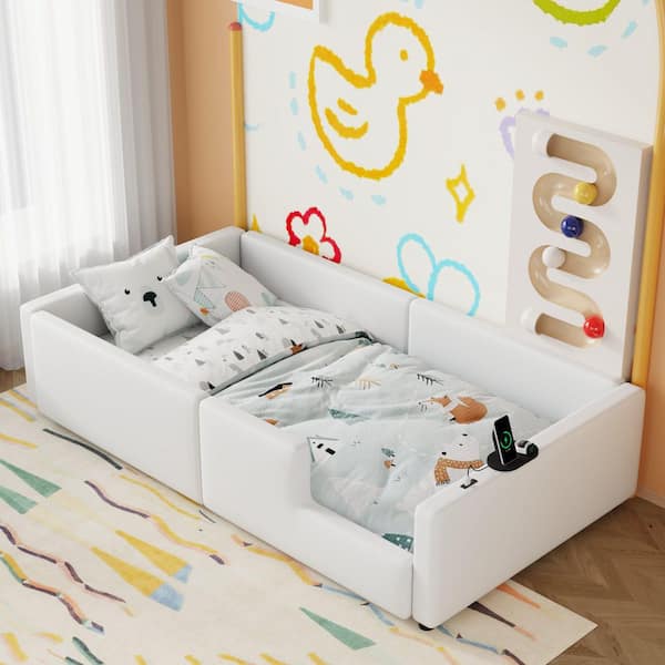 White Wood Frame Twin Size Platform Bed with Guardrail and Charging Station
