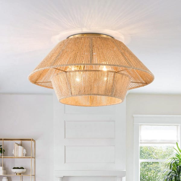 Collision 19.7 in. 4-Light Wood Color Rattan Modern Flush Mount Lighting Hallway Bedroom Ceiling Lights Fixtures