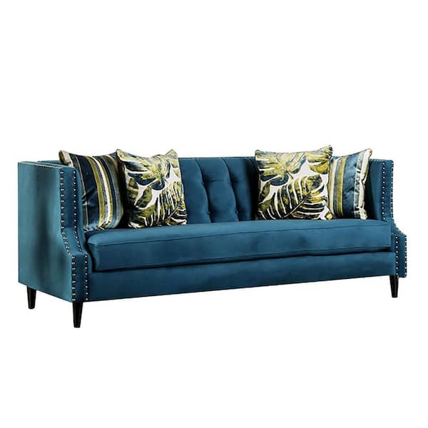 Benjara 90 in. Straight Arm Fabric Rectangle Nailhead Trim Sofa in Teal, Green and Black