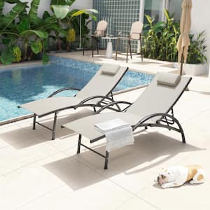 2-Piece Aluminum Adjustable Outdoor Chaise Lounge with Headrest in Tan