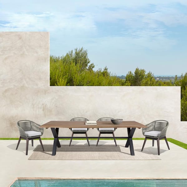 Armen Living Glendora and Tutti Frutti Dark Brown 5-Piece Eucalyptus Wood Outdoor Dining Set with Light Gray Cushions
