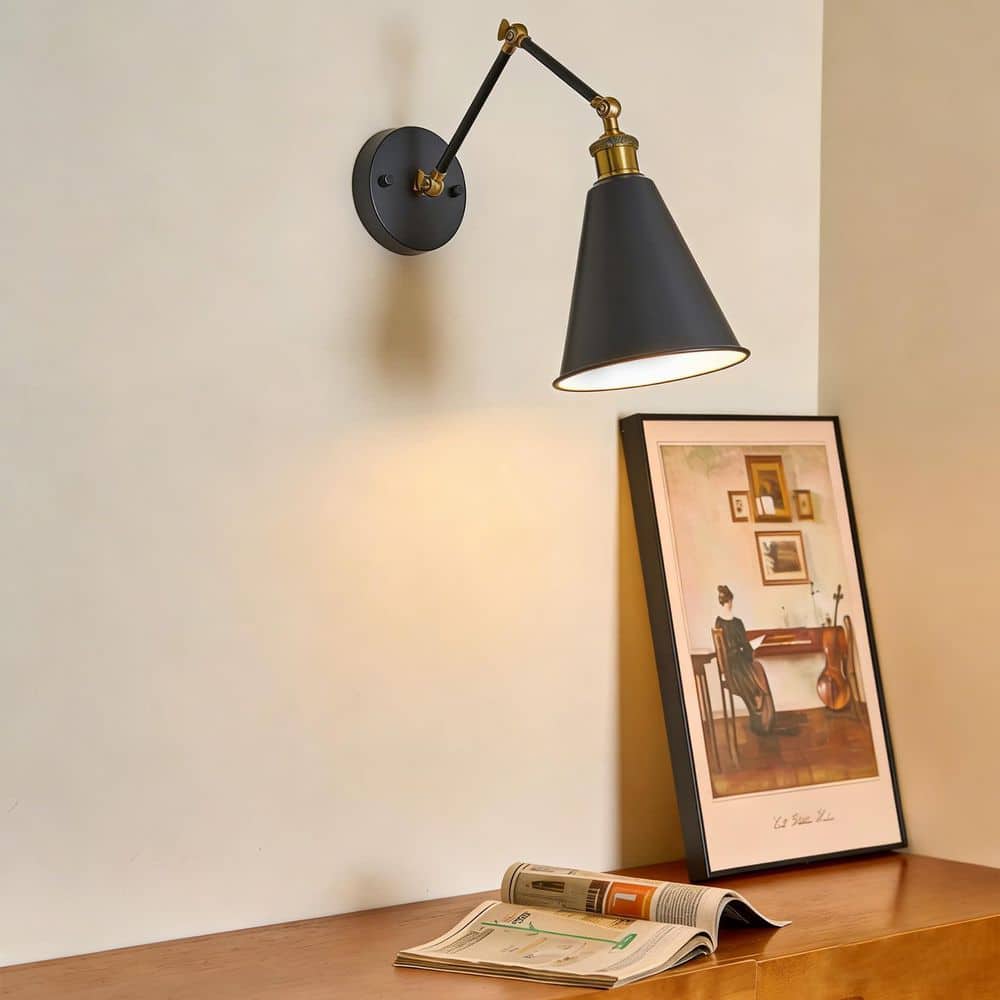 1 Light Matte Black and Gold Hardwired Metal Wall Lamp with Adjustable Swing Arm and Drum Shade for Reading price history on PriceWatchPro