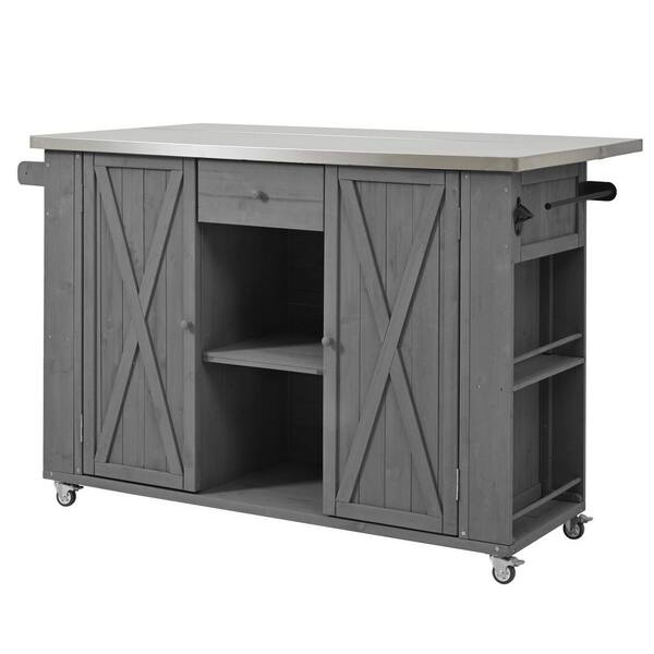 Gray Fir Wood Outdoor Bar, Kitchen Island with Ample Storage Space, Towel and Spice Racks and a Bottle Opener