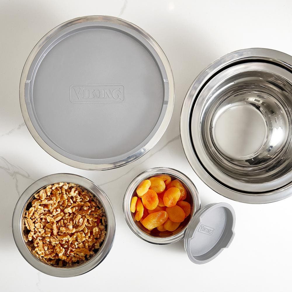 Viking 10-Piece Stainless Steel Mixing Bowl Set with Gray Lids