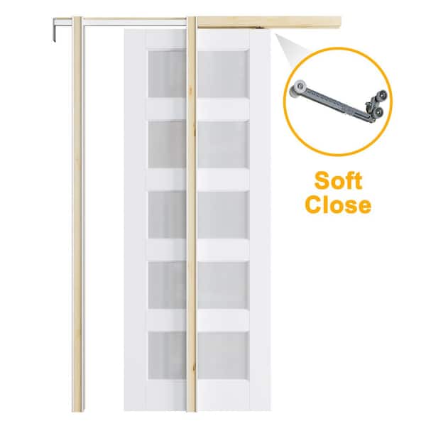 36 in. x 96 in. 5-Lite Frosted Glass White Primed MDF Pocket Sliding Door with Pocket Door Frame and Hardware Kit