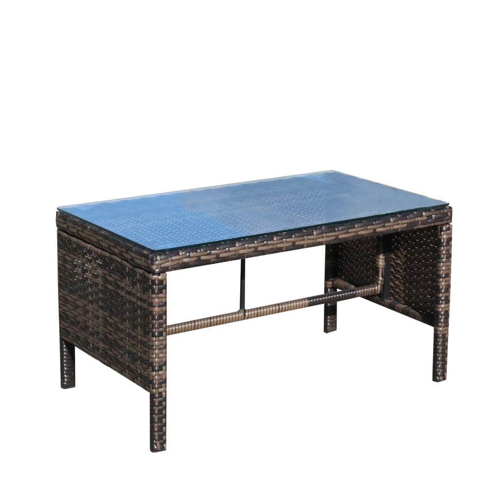 Brown Outdoor Rattan Patio Coffee Table with Clear Tempered Glass