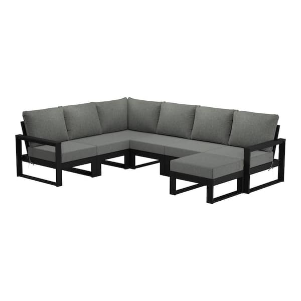Endless Black Frame 7-Piece Plastic Outdoor Patio All Weather Modular Sectional Ottoman Set with Gray Cushions