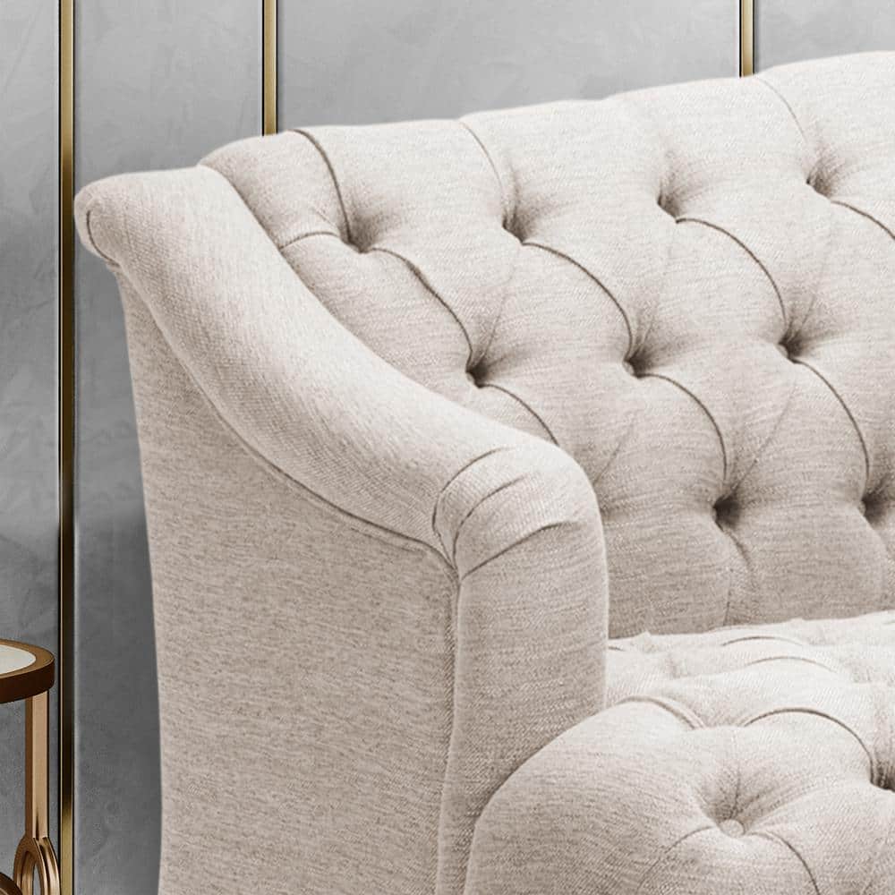 Beige Velvet Tufted Lawson Sofa with Sloped Arms and Wood Frame