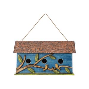 15.75 in. L Distressed Solid Wood Blue Birdhouse with Trees and Birds