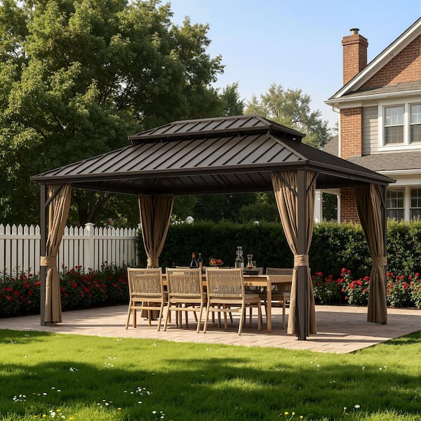 10 ft. x 14 ft. Aluminum Frame Hardtop Gazebo with Netting, Hooks, Upgraded Curtains