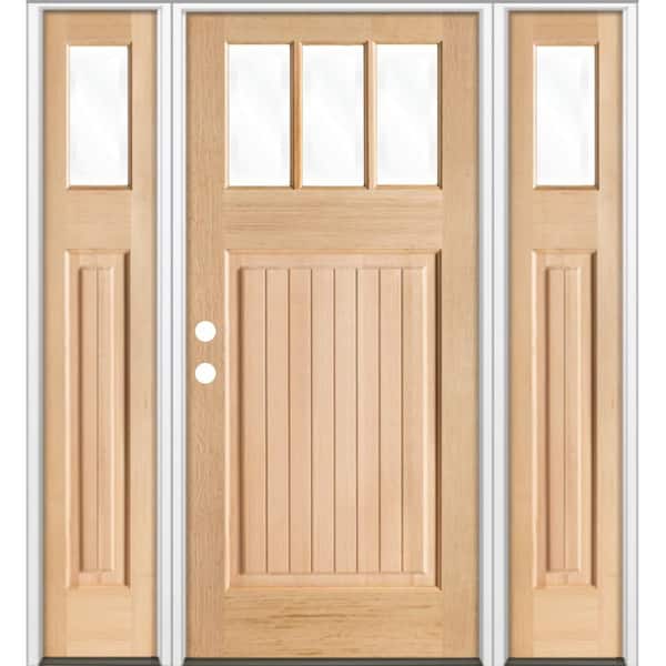 Krosswood Doors 64 in. x 80 in. Craftsman 3-Lite Clear Glass VG Unfinished Right Hand Hemlock Wood Prehung Front Door w/DSL