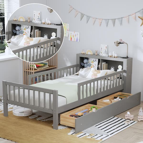Gray Twin Size Kids Platform Bed with Storage Headboard Rack, Safety Guardrails and 2-Drawers