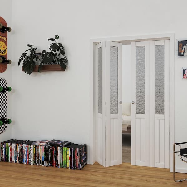 48 in x 80 in (Double 24 in. Doors) White, MDF, Half Tempered Glass Panel Bi-Fold Interior Door with Hardware Kits
