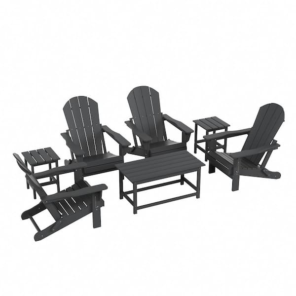 Laguna 7-Piece Fade Resistant Outdoor Patio HDPE Poly Plastic Folding Adirondack Chair Conversation Set in Gray