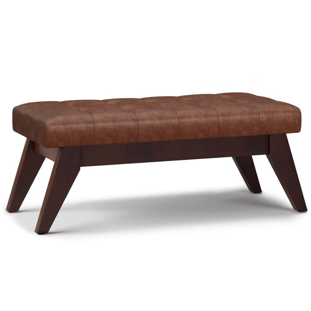 Simpli Home Draper Distressed Saddle Brown Mid Century Tufted Ottoman ...