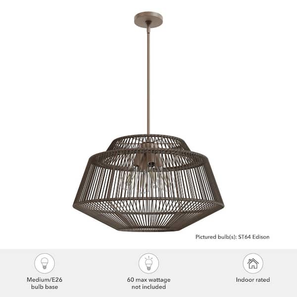 Hunter - Brookhollow 60-Watt 4-Light Sable Rattan Pendant Light with Rattan Shade, No Bulbs Included