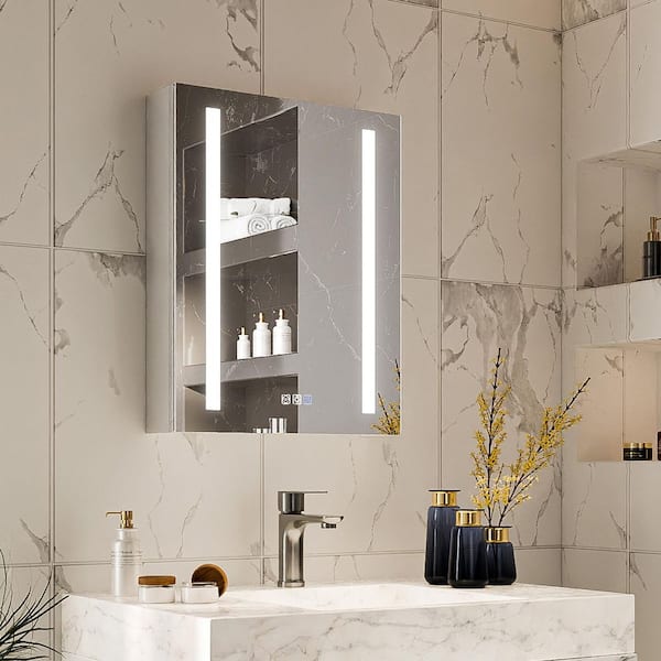 Unbranded 20 in. W x 26 in. H Silver Recessed/Surface Mount Lighted Medicine Cabinet with Mirror,Dimming,Defog,Open Door On Right