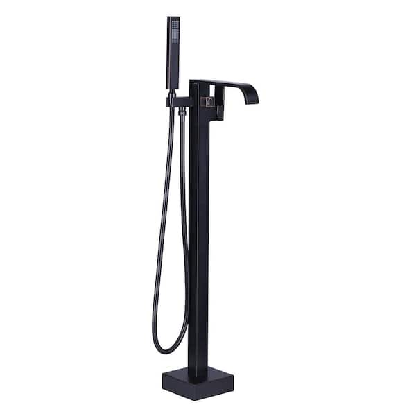WOWOW Waterfall Single-Handle Freestanding Tub Faucet with Hand Shower, Floor Mounted Tub Filler Faucet in Oil Rubbed Bronze