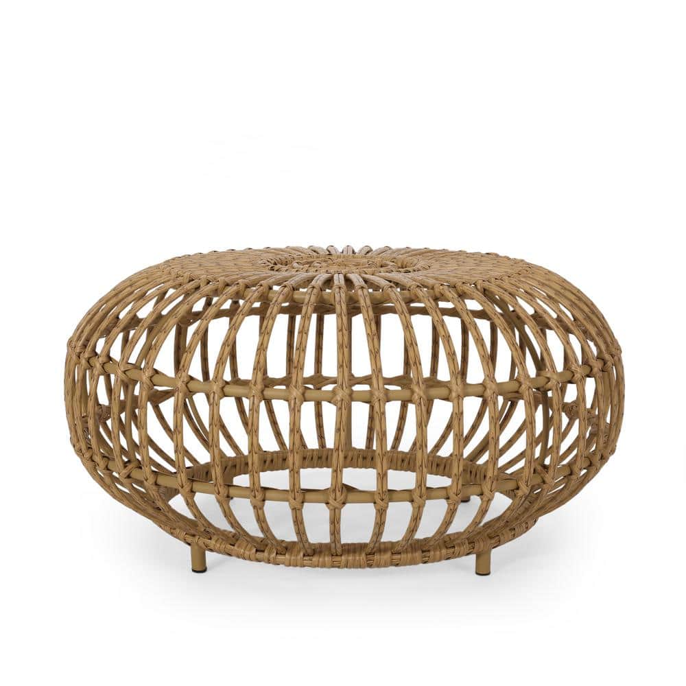 Round Brown Wicker and Metal Outdoor End Table