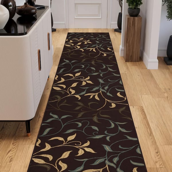 Indoor 2 ft. 7 in. x 33 ft. Brown Non-Slip Hallway Runner Rugs For High Traffic, Leaves Design Area Rug