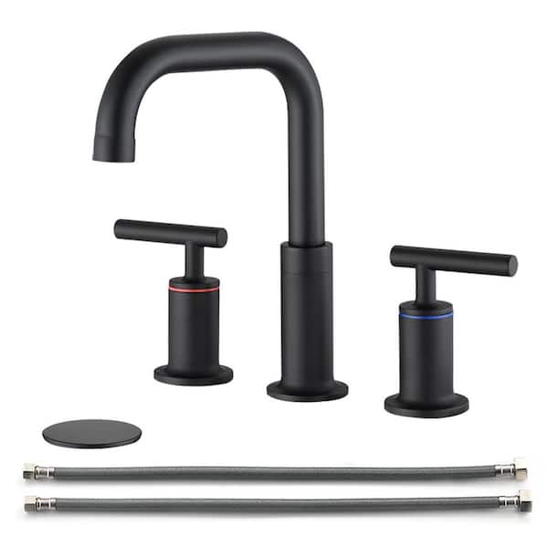 Mondawe Alexa 360-Degree Swivel 8 in. Widespread Double Handle Bathroom Faucet with Pop-Up Drain in Matte Black (1-Pack)