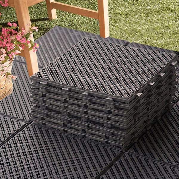 GOGEXX 12in.W x12in.L Outdoor Stripe Pattern Square Drain Plastic PVC Interlocking Flooring Deck Tiles(Pack of 27Tiles)in Brown