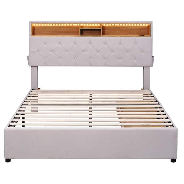 Nestfair Beige Linen Wood Frame Full Size Platform Bed with Storage Headboard and USB Charging