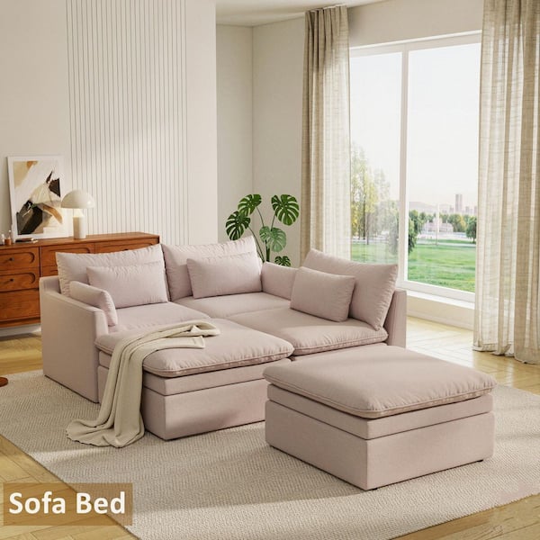 118 in. Track Arm 5-Piece Polyester Velvet Modular Sectional Sofa U-Shape Couch in Khaki with Ottomans, Machine Washsble