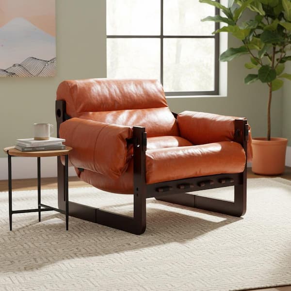 BYSRHK 33.5 in. Wide Rust Orange Vintage Oil Wax Leather Recliner Chair with Rubberwood Frame for Living Room